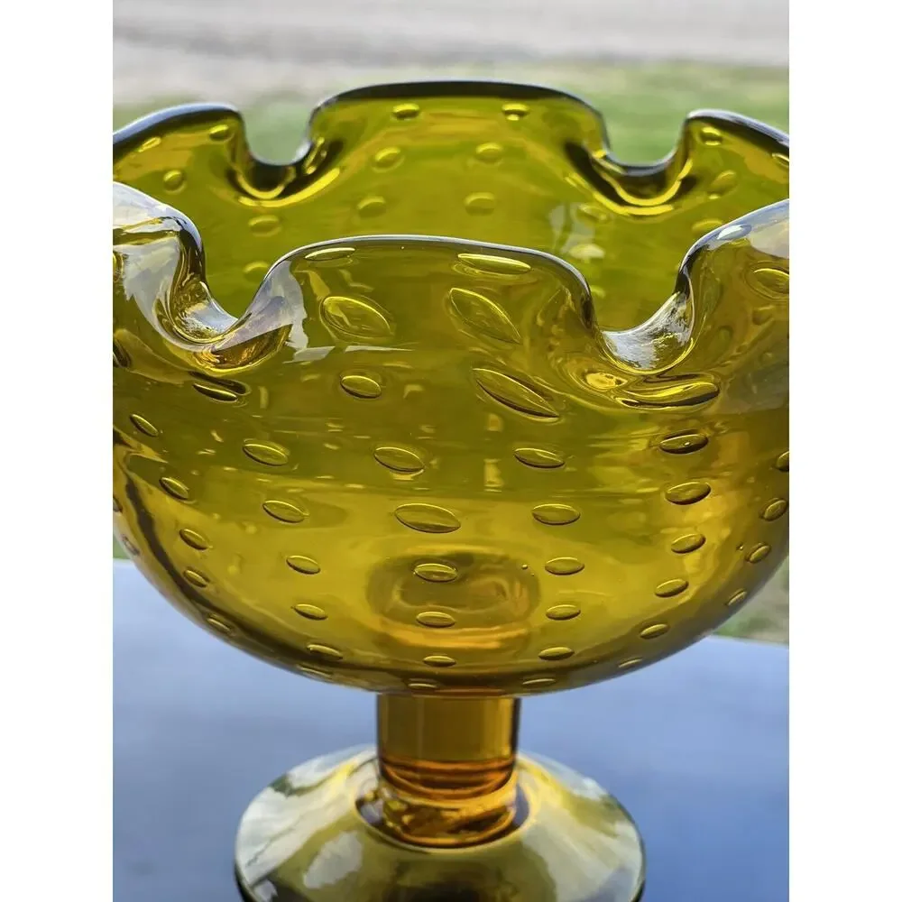 Bischoff Gold Footed Bubbles Compote Bowl Pinched Edge Art Glass Amber Pedestal‎